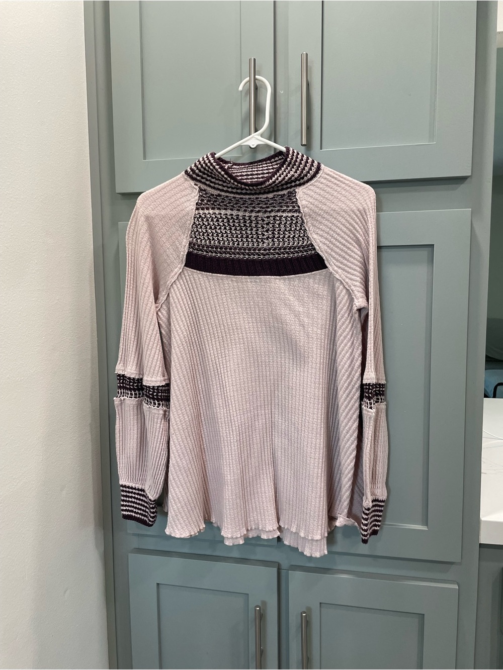 Free People Light Pink Waffle Knit Top with Black Patterned Yoke